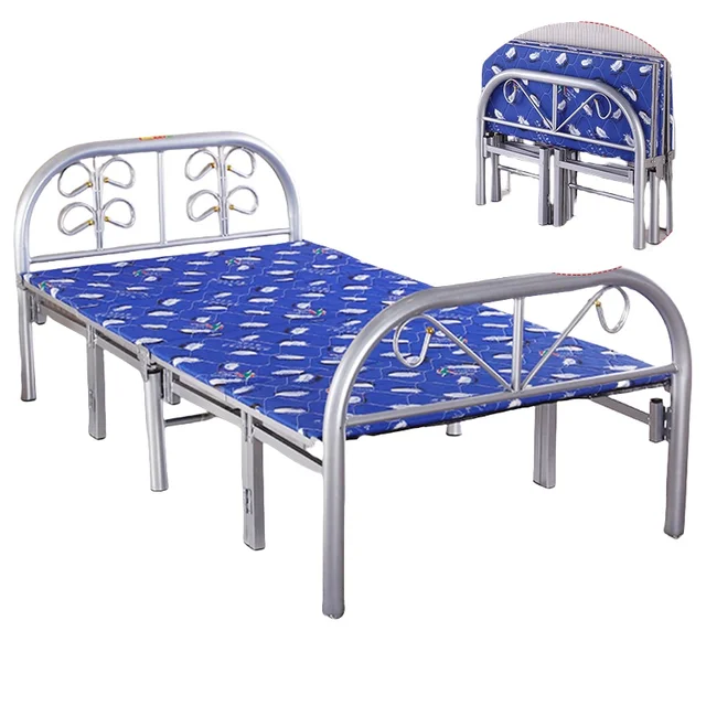 Modern Queen Metal Bed Frame Simple Four-Fold Iron Folding Bed with Steel Frame for Home Rental Room or Double Lunch Bed