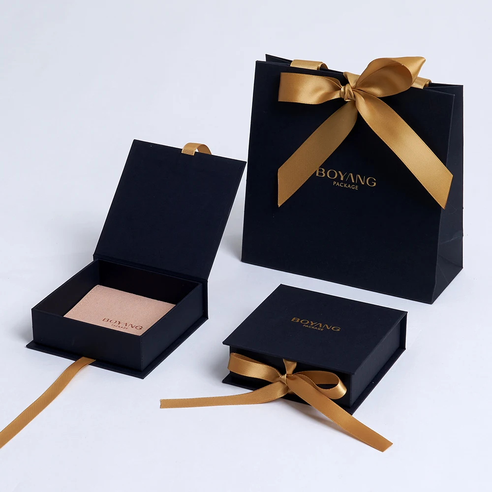Custom Eco Friendly Black Paper Cardboard Jewelry Gift Packaging Box with  Ribbon