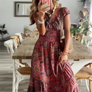 New Style Women's Ultra High Waist Turtleneck Casual Waist-Length Dress Bohemian Floral Print with Large Hem