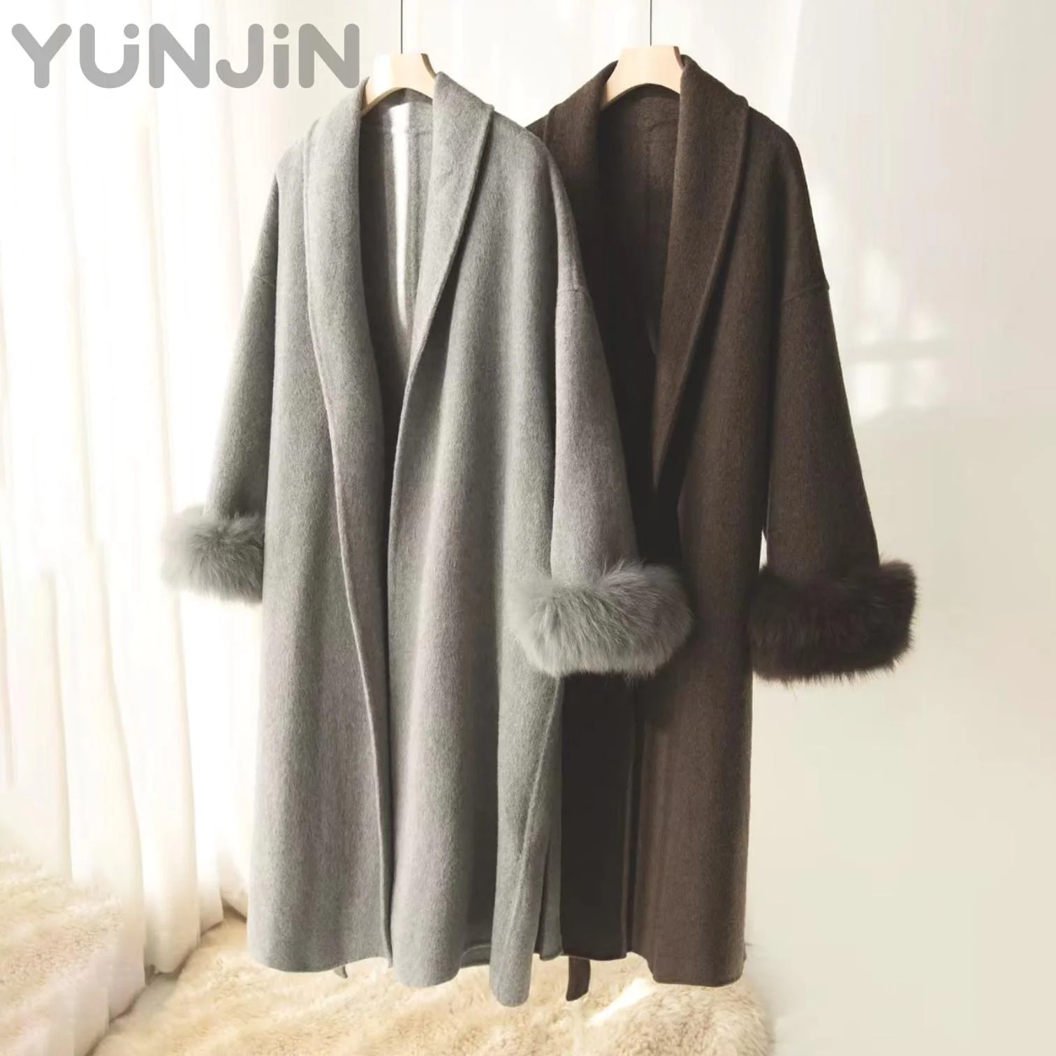 Design Women's Real Fox Fur Double-Faced Wool Cashmere