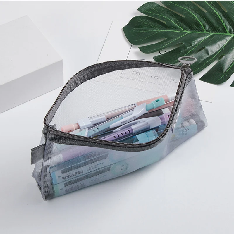 Custom Logo Transparent Nylon Mesh Zipper Pouch Portable Triangle School Stationery Supplies Pencil Bag