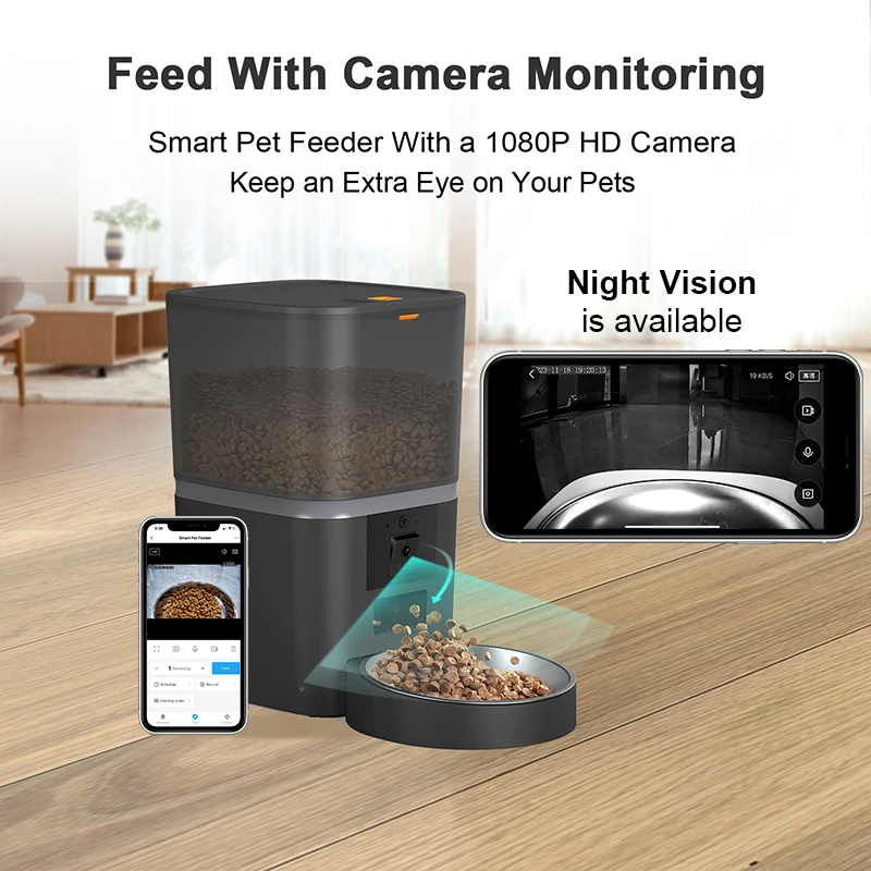 1080P Automatic Cat Feeder with Camera 6L App Control Smart Feeder Cat Dog Food Dispenser with Stainless Steel Bowl