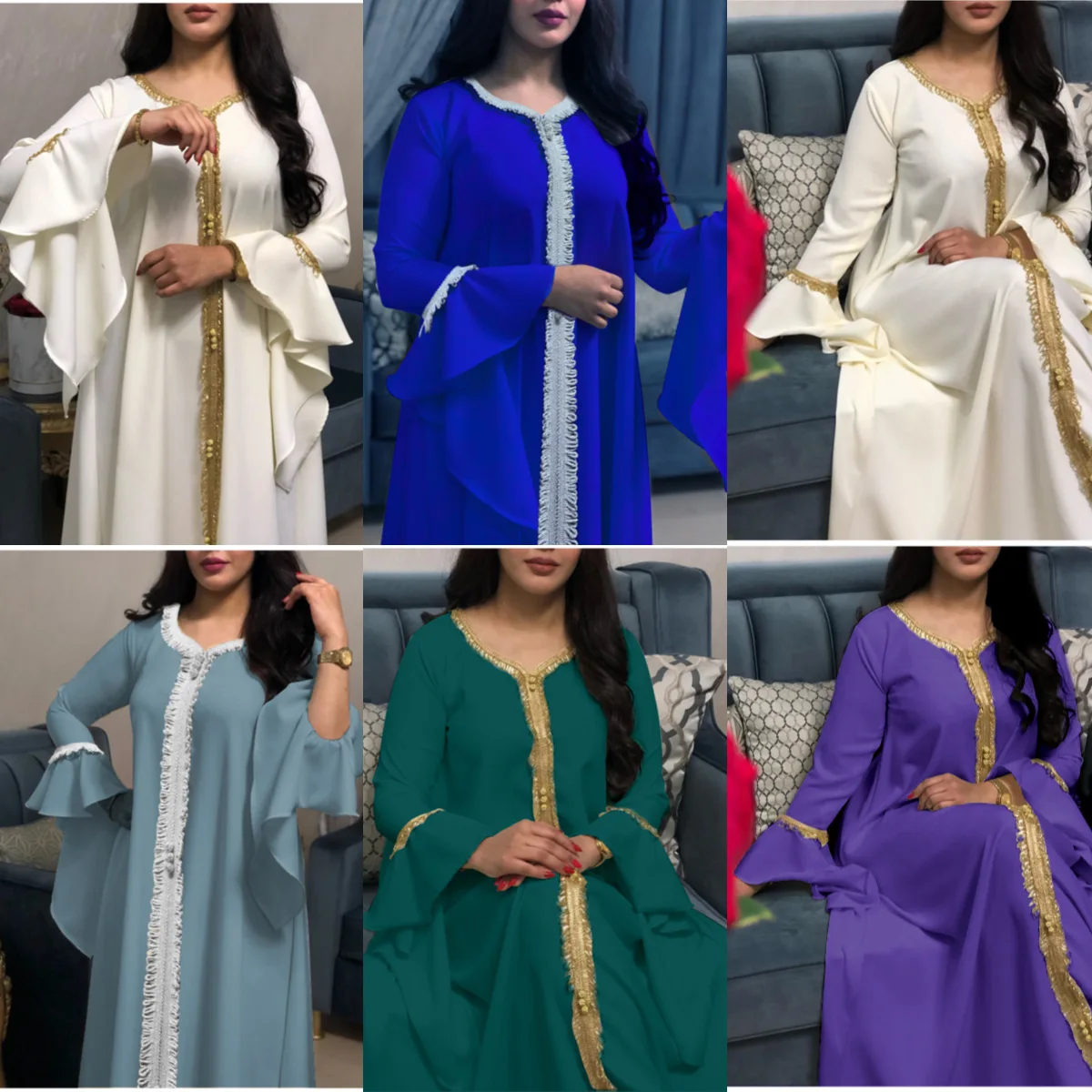Jalabiya kaftan dress white 2021 women dubai turkey golden ribbon embroidery loose muslim arabic islamic clothing