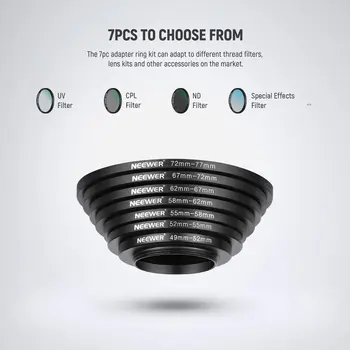 NEEWER 49-52mm 52-55mm 55-58mm 58-62mm 62-67mm 67-72mm 72-77mm Step-up and Step-down Ring 7PCS Step up Lens Filter Adapter Rings detail image