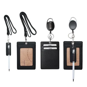 2022 Wholesale Custom Fashionable Pu Leather Name Id Card Badge Holder with Ribbon Lanyard