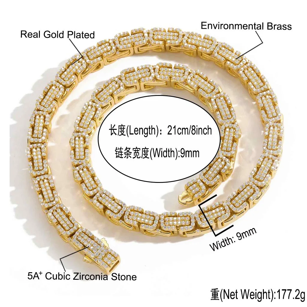 Hip Hop 9mm Byzantine Button Chain Brass Chain Cuba Chain Ice Zircon ...