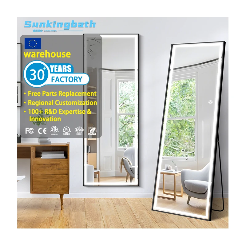 Decorative Led Full Body Tempered Glass Mirrors Bedroom Luxury Floor Full-Length Mirror With Coat Hanger