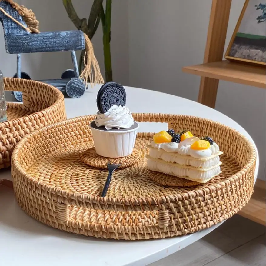CREATCABIN Ronde Rotan Geweven Dienblad Houten Basis Handgeweven Mand Decoratieve Rieten Mand Organizer Lade voor Tafeldecoratie Opslag Display Ontbijt Koffie Brood Fruit Groen 30 cm