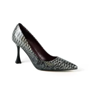 Women's Gray Snake-Patterned Patent Pumps-Sexy Club Slip-On Fluted Stiletto Heel Pointed-Toe Footwear 2026 Autumn