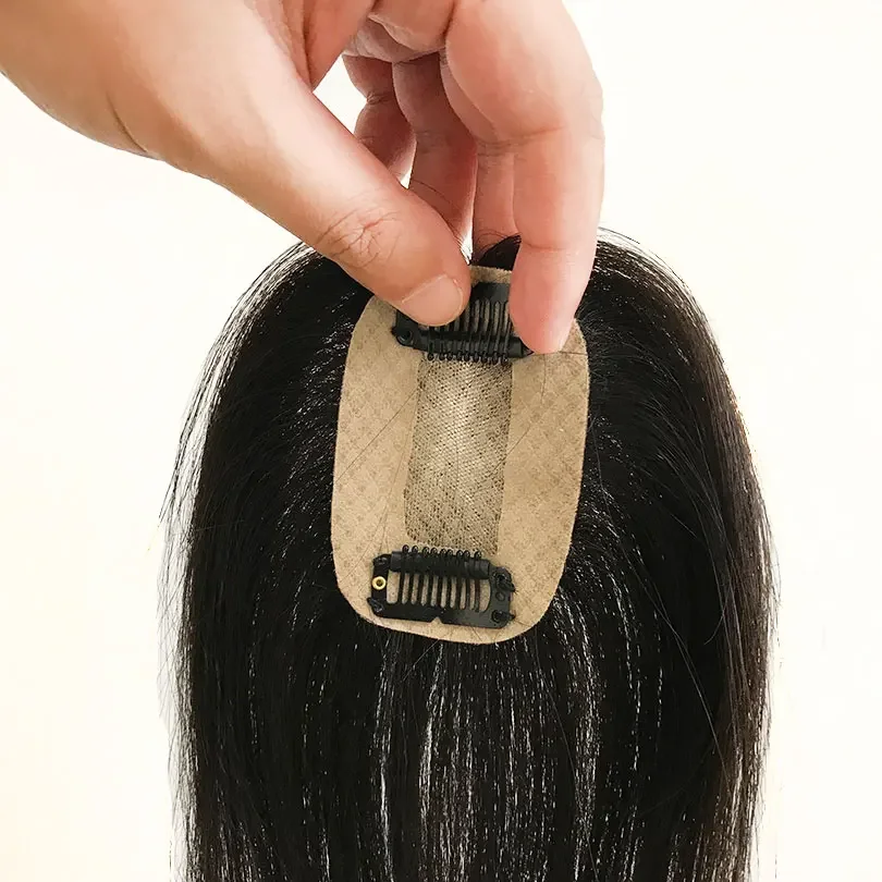 5x8cm Base en soie Femmes Topper 8-10 pouces Couleur noire naturelle Morceau de cheveux humains 2 clips pour cacher la ligne des cheveux_voghion.com