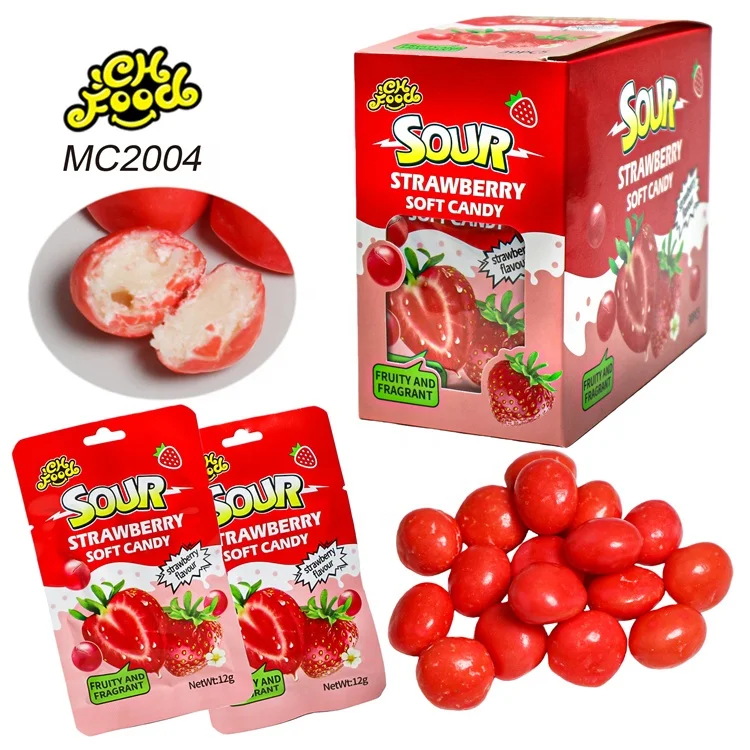 Wholesale and OEM Crispy Sugar Coated Sour Strawberry Soft Chewy Candy Halal Milk Candy Sweet Snack Food