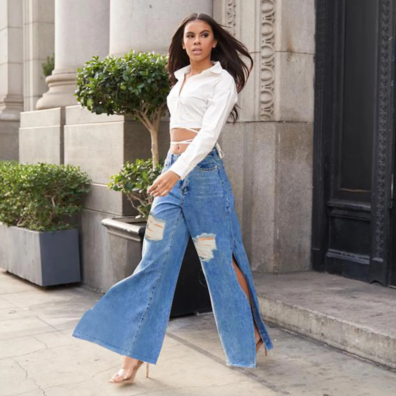 High Waist Distressed Wide Leg Jeans For Women Streetwear Pants Oem