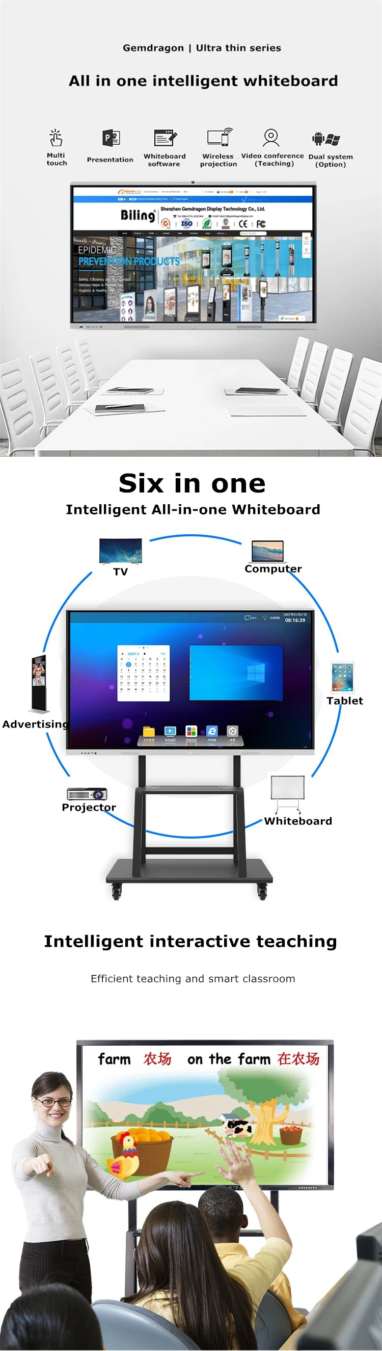 Smart Dual Os Office Board Built Computer Conference Interactive Whiteboard