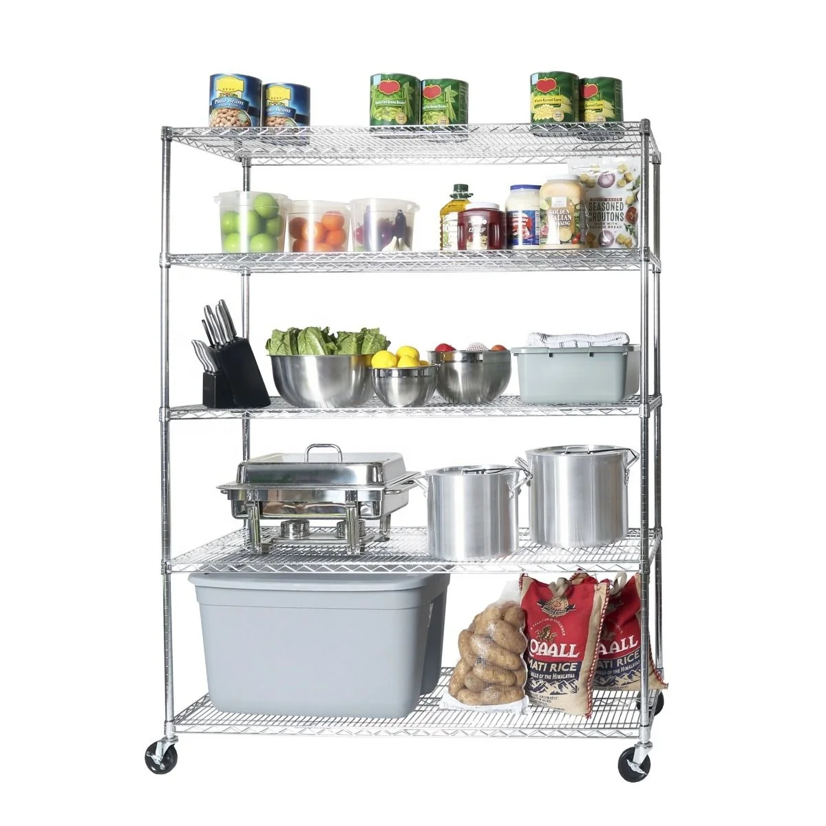 5 Tier Layer Shelf Adjustable Rolling Movable Chrome Metal Wire Shelving Rack with Wheels