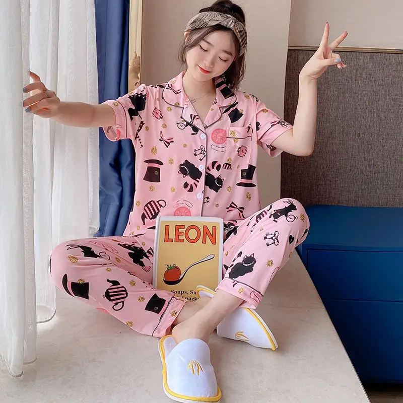 New Korean Sleepwear Pijamas Soft Loose Pyjamas Short Sleeve Long Pants