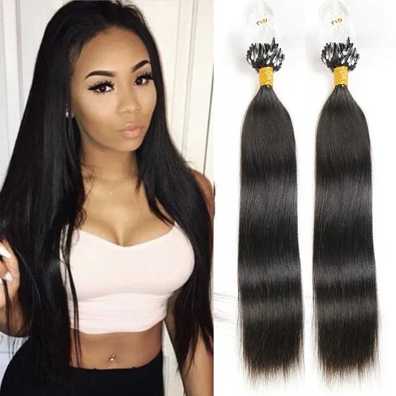 28 Zoll glattes Mikroring-Haar, brasilianisches Echthaar, Perlenverbindungen, Remy-Extensions, 1 g/s, 100 g, natürliche Farbe_voghion.com