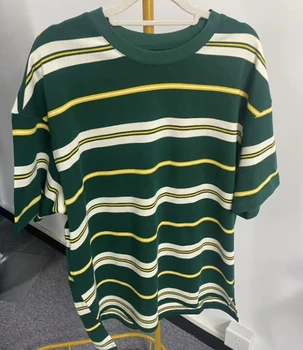 Custom Logo Vintage Contrast Striped T-Shirt for Men Oversized Short Sleeve Fashion 100% Cotton Knitted Fashionable