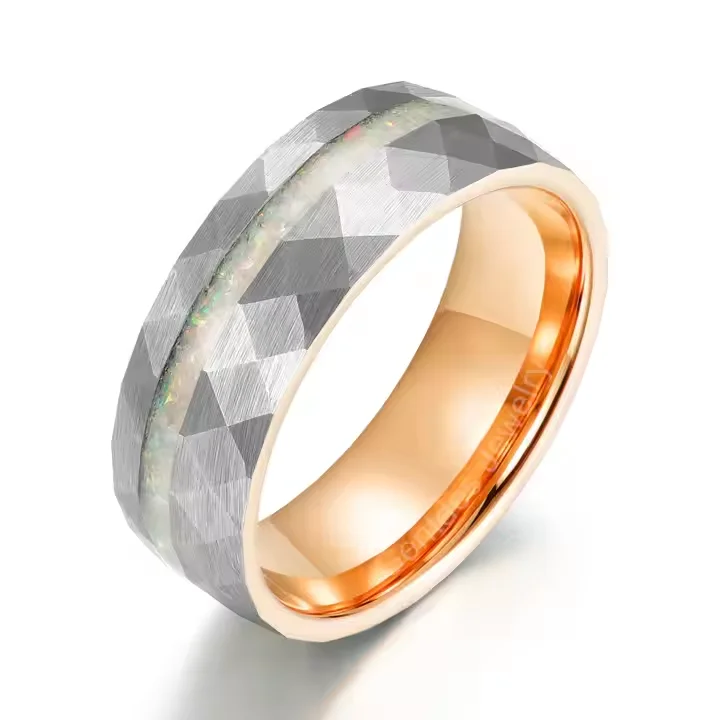 Gentdes Jewelry 2025 Fashion Jewelry 8MM Tungsten Rings Men Women Hammer Pattern Crushed Opal Inlay  Engagement Wedding Ring