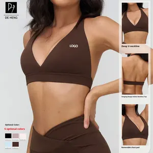 Custom Deep V-neck Design Push up Backless Sports Bra Solid High Impact Fitness Halter Hollow Out Yoga Women Sports Bra