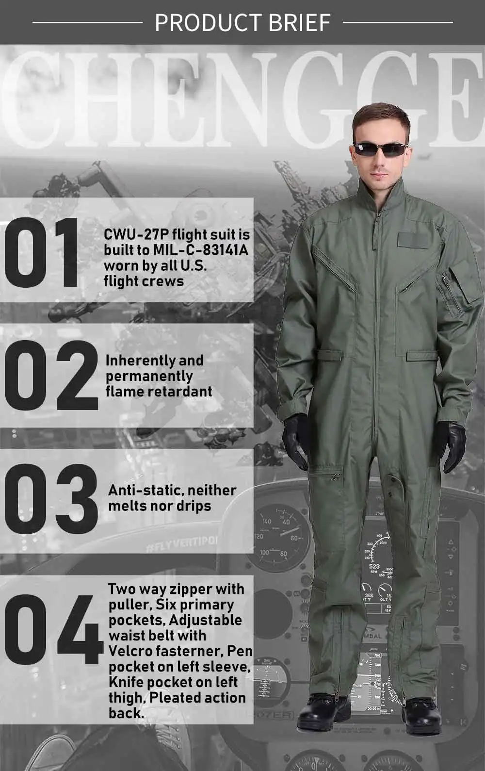 Fire Retardant CWU-27/P Nomex Flight Suit Coverall - Durable Nomex