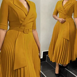African Plus Size Office Clothes for Women Elegant Ladies Clothes Dresses Solid Color Pleated Dress