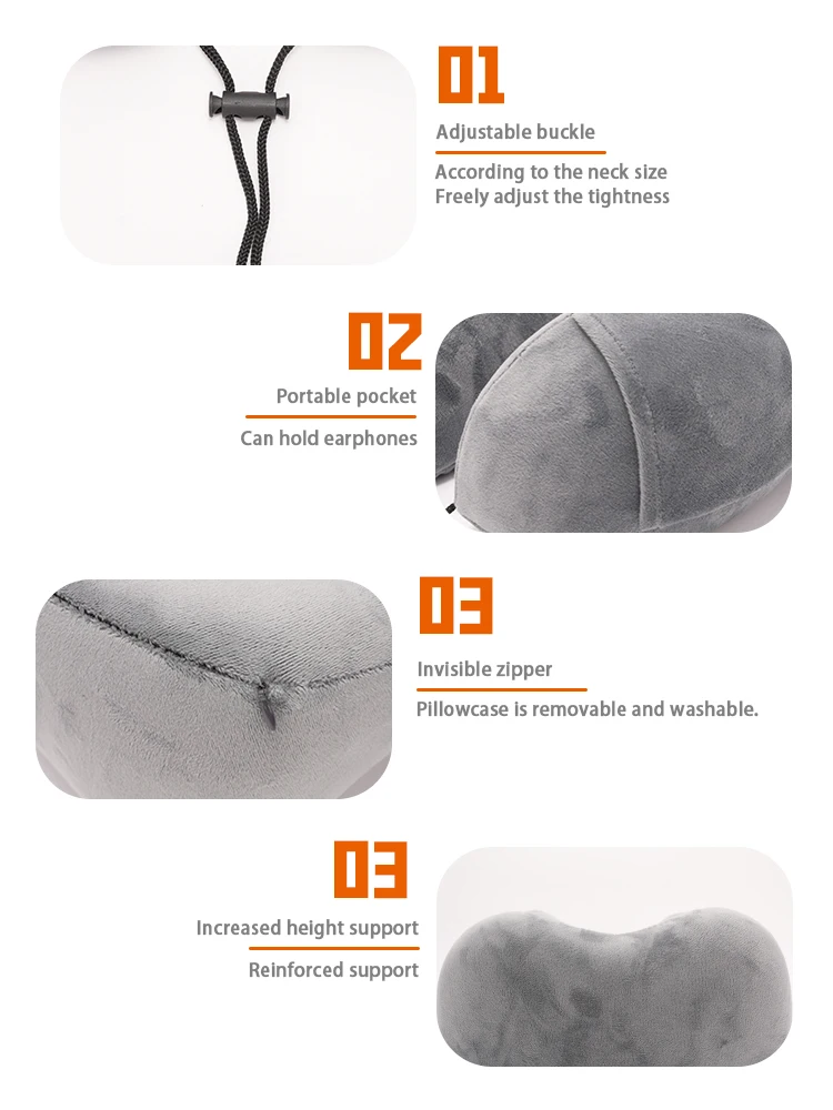 Factory Sell 100% Pure Memory Foam Travel Neck Pillow for Flight Headrest Sleep Portable Plane Accessories Grey with Pocket