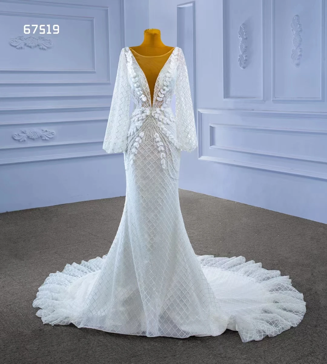 QUEENS GOWN White Long Sleeve Wedding Dress Maxi Bridal Gown Elegant Lace  Wedding Dresses With Beading