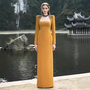 Bettergirl Fashion High-quality 2026 New Diamond square Collar Crepe Yellow Long Dress Simple Classic Slim Elegant Evening Dress
