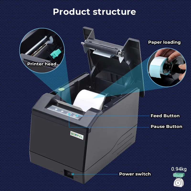 Winpal WP80B Direct Thermal Label Printer Sticker Machine ESC POS Android IOS Thermal Printer for Shipping Label