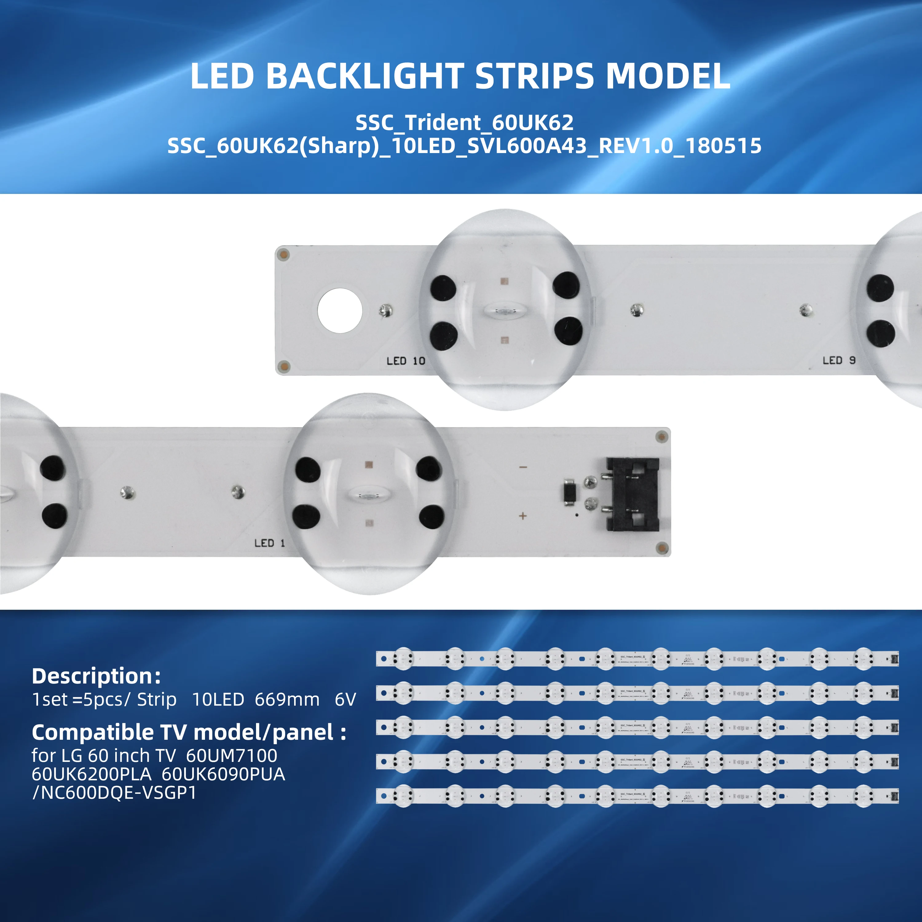 Bande Rétroéclairage LED Pour TV LG 60UK6090/6200 - 10 LED Par Bande, 670 Mm, Lot De 5