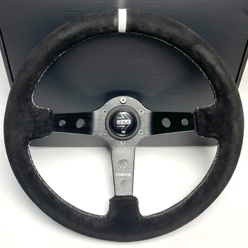 MOMO 340mm 14' Suede Leather Deep Cone 90mm Silver Stitch&Button Yellow Stitch&Button Sport Steering Wheel