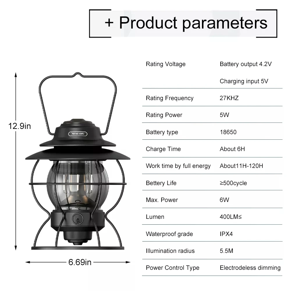 PINSAI LED Retro Camping Lantern,Rechargeable Metal Portable