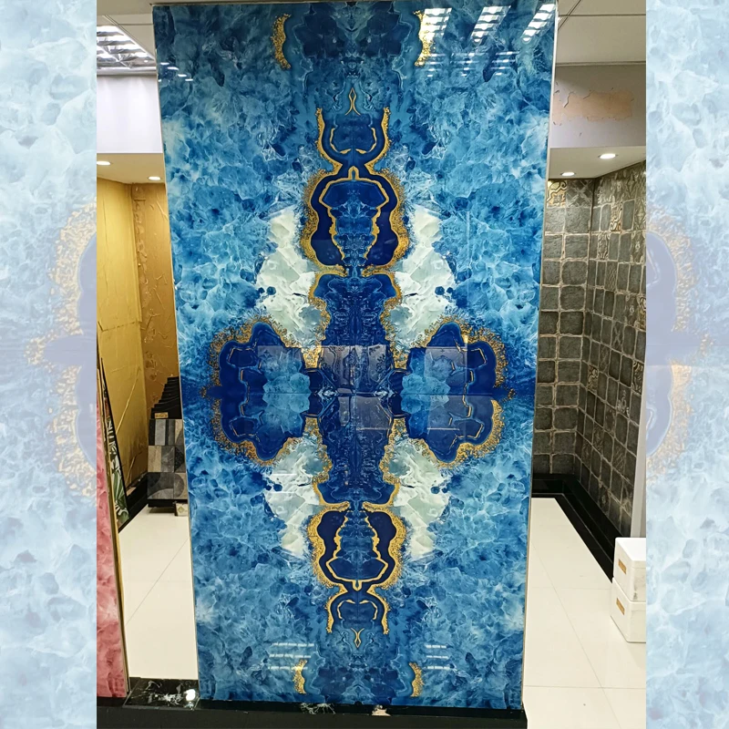 Springletile Customized 60x120 Polished butterfly Pattern Textured Gold Vein Blue Background Ceramic Bathroom Wall Tile Design