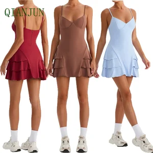 Women Yoga Wear Slim Fit Sleeveless With Pockets Skirts Adjustable Shoulder Straps Sexy Backless Golf Dress with Shorts