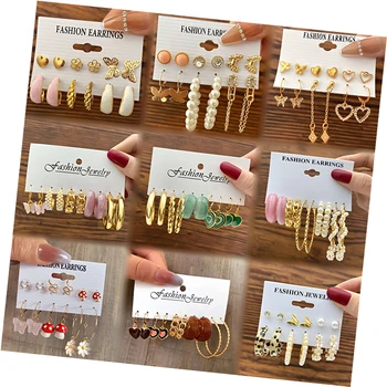 Vintage Geometric Gold Metal Earrings Set For Women Punk Pearl Dangle Drop Earrings 2022 Trend Set of Earrings Jewelry