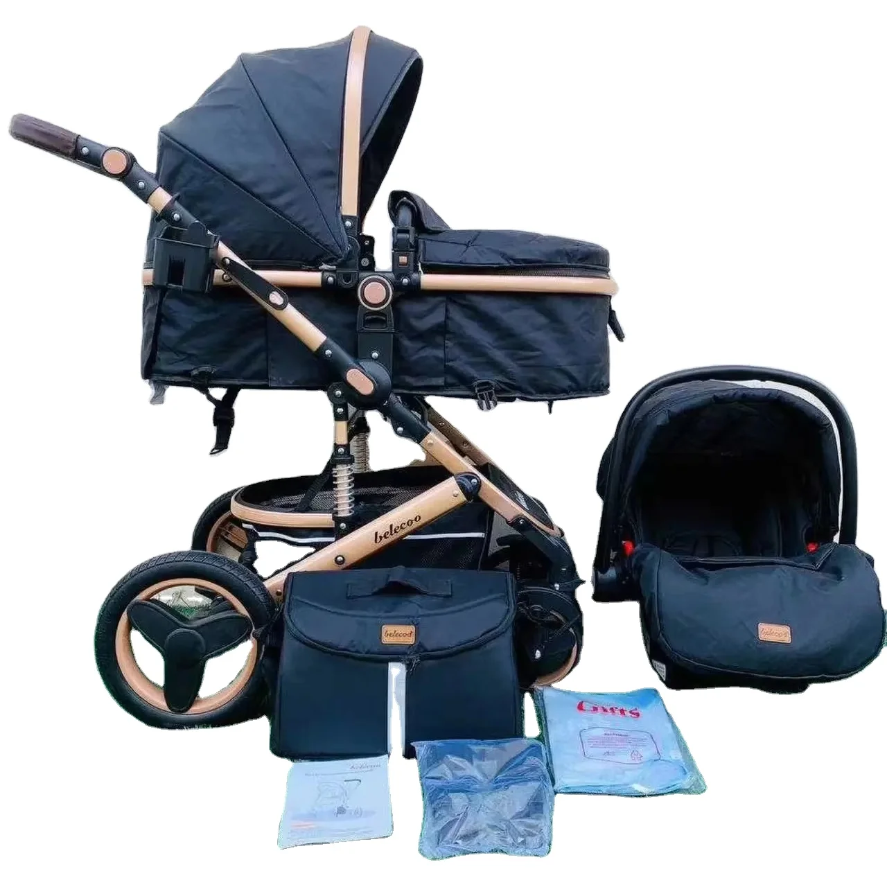Luxury 3 in 1 Baby Pushchair Stroller with Linen Car Seat High Landscape Lightweight Foldable Pram