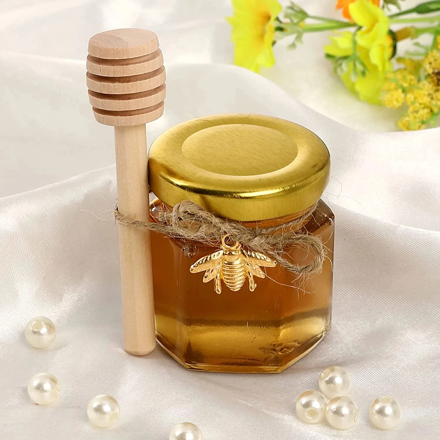 High Quality 45ml Mini Hexagon Glass Honey Jar with Luxury Gold Lid for Kitchen Food Weddings Gifts for Honey Jams Jelly Candy
