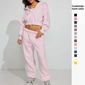 OEM Hoodie Manufacturer Brand Women's Sports Wear Set Custom Heavyweight Tracksuit with Wide Leg Pants and Zip-up Hoodie Set