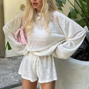 2025 Spring Casual Suits Women's Solid Sexy See Through Round Collar Long Sleeve Top Lace up Shorts Ladies Two Piece Set