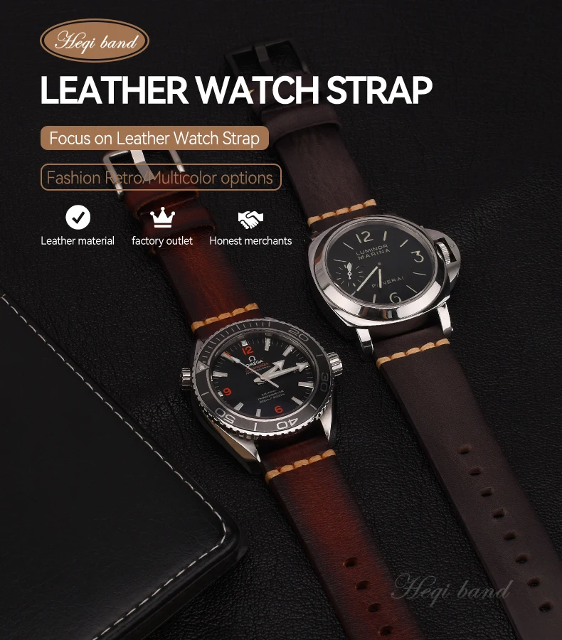 Heqi Vintage Leather Watch Strap Band Luxury 20mm 22mm 26mm Handmade