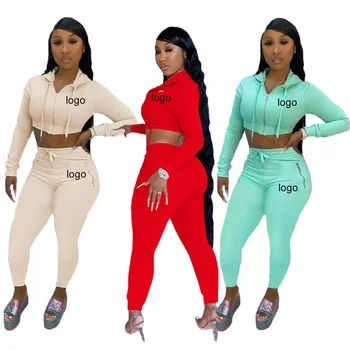 Hot Sale Custom Logo Autumn Women Solid Color Long Sleeve Open Waist Hoodie With Long Pants Sport Casual Two Piece Set