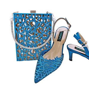 Blue Nigerian Fashion Ladies Fancy Shoes with Blue Rhinestones Low Wedges Heels Flat for Bridal Wedding Hard-Wearing Bag Match