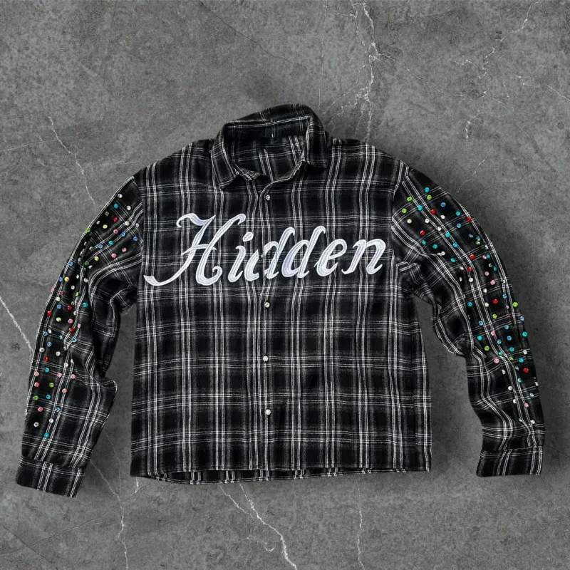 Vintage Plaid Button-Down Shirt Adorned with Sparkling Rhinestones & Eye-Catching Crystal Embellishments details