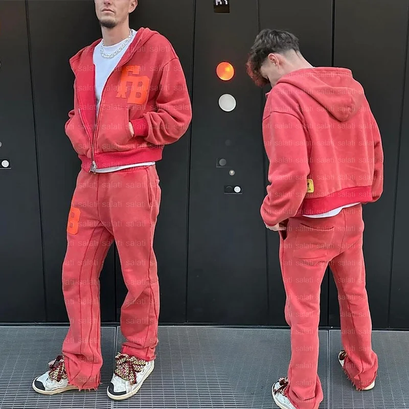 Custom Essentials 2 Piece Jogger Set Cotton Zip up Hoodie and Jogger Set Acid Wash Sweatsuits Flared Stacked Tracksuits for Men