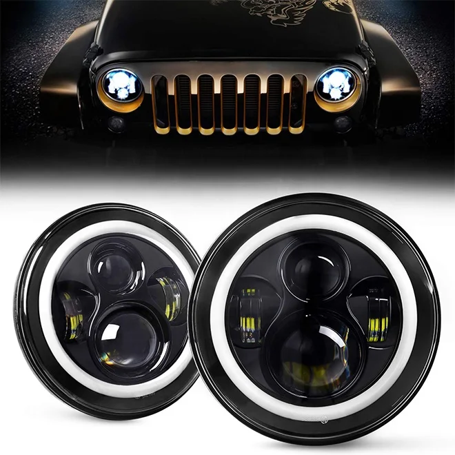 7inch Black Led Headlight With White Halo/amber Turn Signal For Jeep  Wrangler Jk Lj Tj Cj Hummer H1 H2 For Land Rover Defender - Buy 7inch Black Led  Headlight,With White Halo/amber Turn