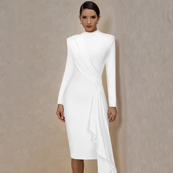 2021 new fashion drape white knee length ladies fitted dresses for women long sleeve formal bandaged dress