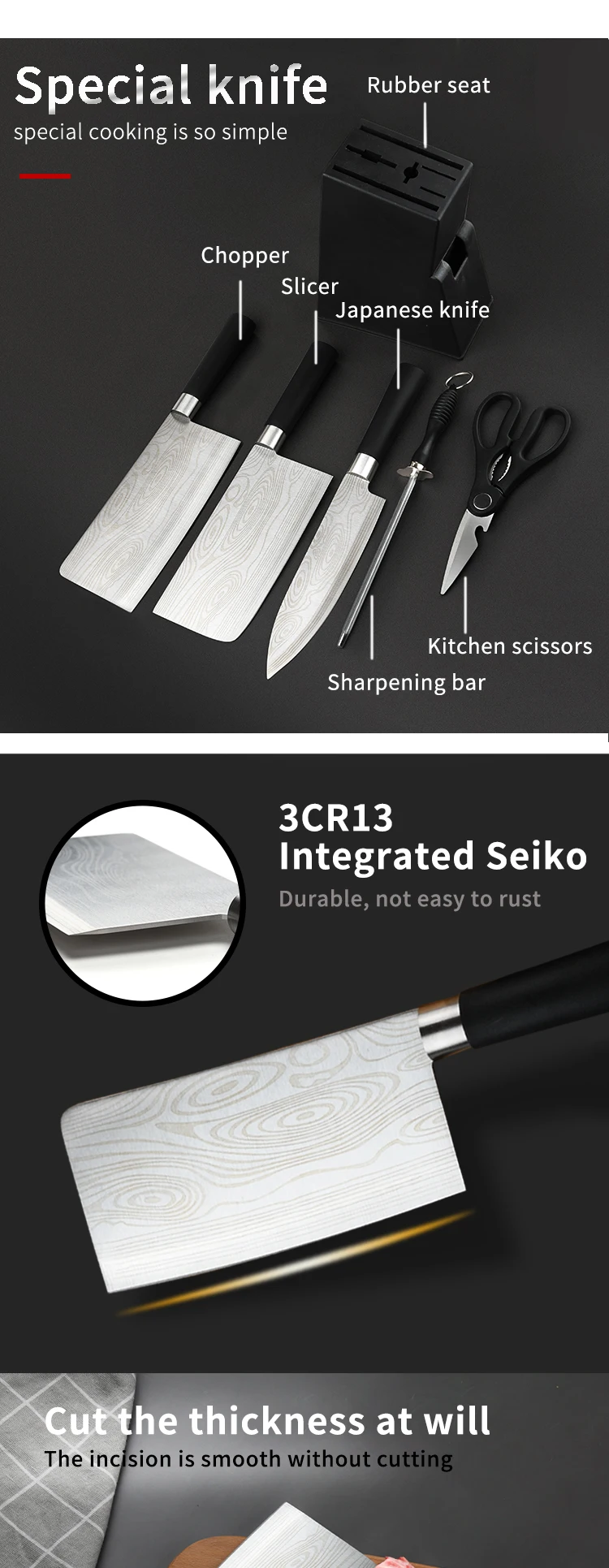 6pcs Stainless Steel Kitchen Knives Set Chef Knife Slicing Meat Cleaver Fruit Knife Ceramic Peeler