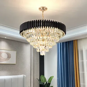 JACKSUN 4-Tier Black & Gold Crystal Round Chandelier Adjustable Height Hanging Pendant Lighting E14 for Living Room Bedroom