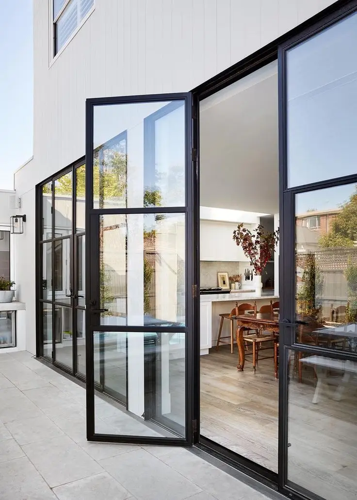 Outdoor French Double Swing Doors for Villas - Slim Wrought Iron Steel Frame with Polymer Coating, Reinforced & Durable