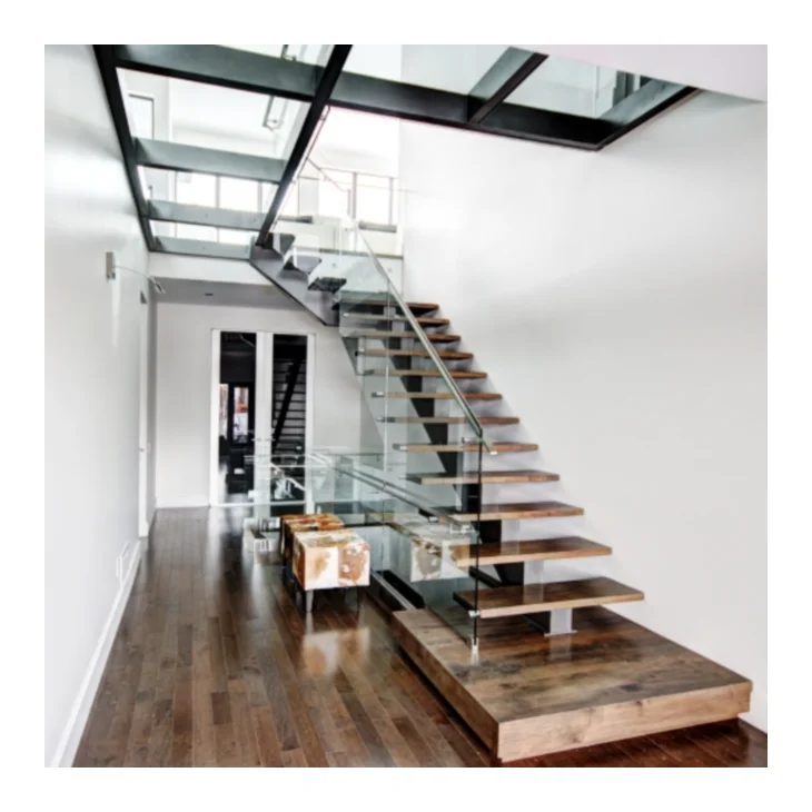 Modern Steel Beam Floating Straight Staircase Kit Design Wooden Straight Stairs